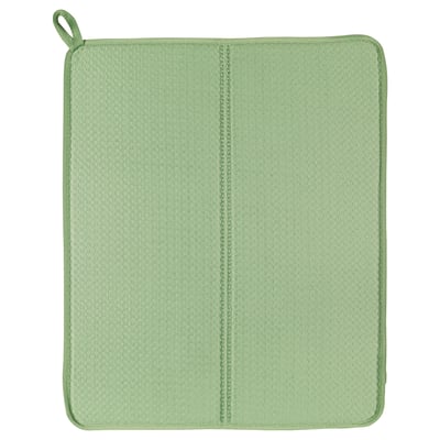 Unha alfombra de secado verde NYSKÖLJD. Rectangular cun bucle para colgar, feito de poliéster.