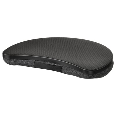 Soporte portátil negro con coxín, forma redonda, superficie texturizada, mango para fácil transporte.