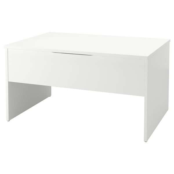 Representa un escritorio branco ÖSTAVALL cun deseño minimalista. É unha estrutura elegante cunha parte superior rectangular e dúas pernas, e un único caixón para o almacenamento.