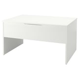 Representa un escritorio branco ÖSTAVALL cun deseño minimalista. É unha estrutura elegante cunha parte superior rectangular e dúas pernas, e un único caixón para o almacenamento.
