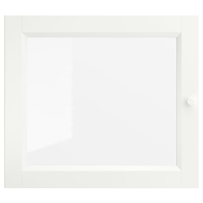 Unha porta branca de OXBERG cun panel de vidro. Ten unha bisagra axustable e un deseño elegante e moderno.