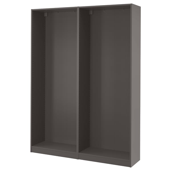Un marco de armario gris e aberto de PAX cunha forma rectangular e deseño sinxelo, feito de taboleiro de fibra e taboleiro de partículas.