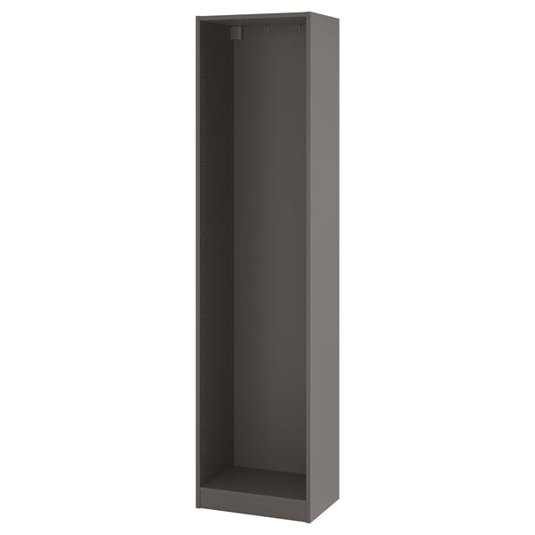 Un armario de armario gris PAX. É alto, delgado e deseñado para unha montaxe fácil. O deseño é minimalista cunha construción plegable.