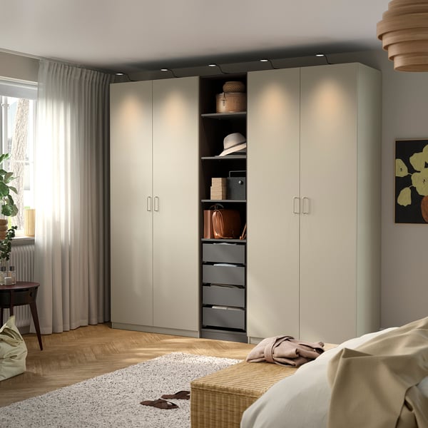 PAX / FORSAND Combinación armario, beixe agrisado/gris escuro beixe agrisado, 250x60x236 cm