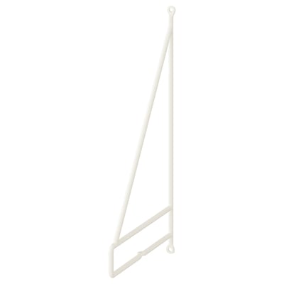 Un soporte branco de estante de parede PERSHULT, feito de aceiro con revestimento en po, en forma triangular deseñada para a colocación flexible de estantes.