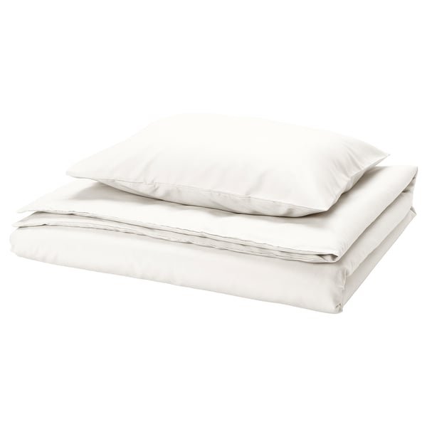 PILTANDVINGE, conxunto de roupa de cama branca, tecido liso, forma de rectángulo, deseño sinxelo, materiais 100% reciclados.