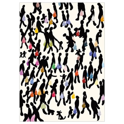 PJÄTTERYD wall art: siluetas negras que levan bolsas de cores sobre lenzo branco.