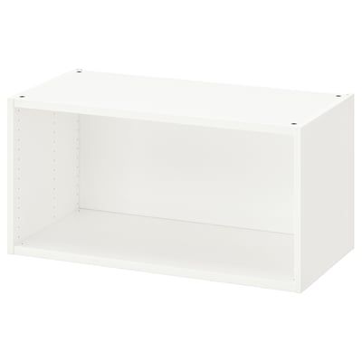 Unha unidade de almacenamento branca IKEA PLATSA cun deseño minimalista, cun marco aberto rectangular feito de taboleiros de partículas e materiais reciclados.