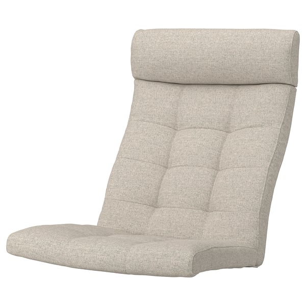 Un coxín de cadeira POÄNG beige cun deseño tufted para o confort. Ten unha forma compacta e rectangular con bordos enrolados e unha textura suave e invitante.