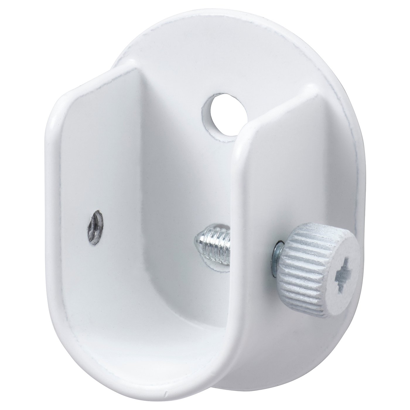 Soporte de parede de metal branco con dous parafusos, un burato circular e un recorte semicircular, usado para colgar cortinas.