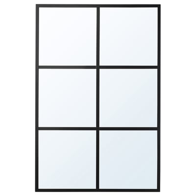 Espello RAGGARÖN: marco negro, rectangular, deseño de seis paneis, montado en parede, con esquinas redondeadas.