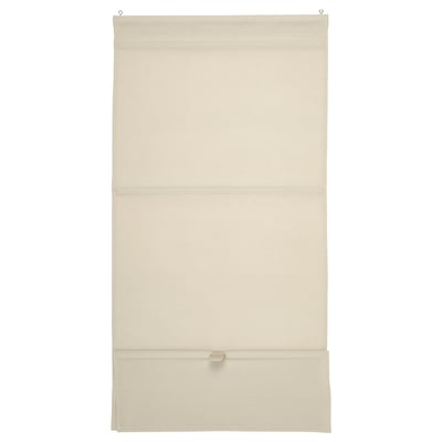 Persiana romana beige RINGBLOMMA con aspecto de liño, sen fíos e tecido beige, de forma rectangular, levantado por imáns.