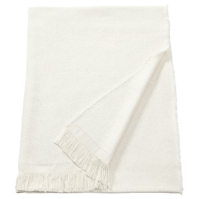 Unha manta branca e rectangular RÖNNBÄRSMAL con bordos franxados, feita cun material suave e texturizado.