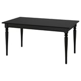 Mesa de comedor extensible ROSENTORP negro, rectangular, pernas de madeira maciza, parte superior de melamina, almacenamento baixo follas.