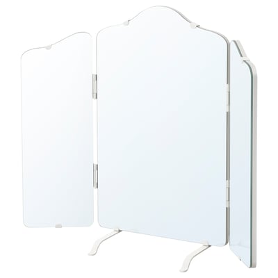 O espello triplo de ROSSARED en branco. Ten lados plegables e patas extraíbles, axeitados para uso de mesa ou parede, mostrando o seu deseño ondulado.