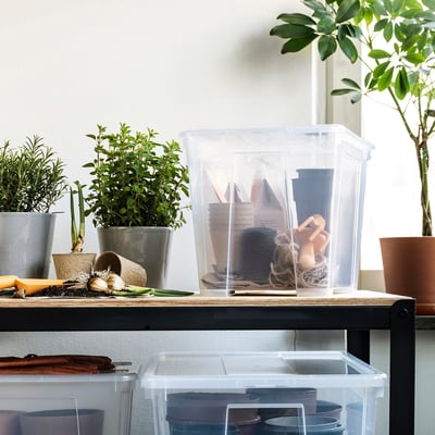Caixa SAMLA con cordas / ferramentas no estante de plantas.