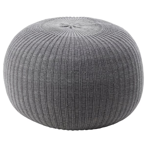 Pouff de malla circular gris, deseño texturizado, acolledor taburete ou asento.