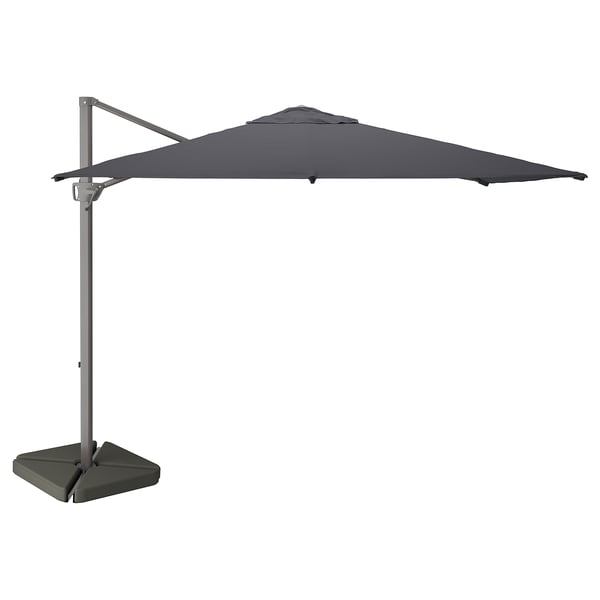 Paraugas de patio cantilever gris con base de formigón cadrado; Protección UV.