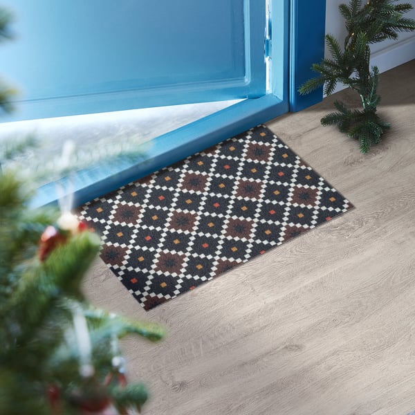 Alfombra xeométrica colorida por porta azul, máis pequena que as plantas próximas.
