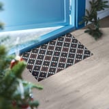 Alfombra xeométrica colorida por porta azul, máis pequena que as plantas próximas.