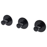 Tres elegantes ganchos de parede negros, forma circular, soporte adhesivo fácil para montaxe sen ferramentas.