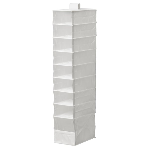 Organizador colgante SKUBB con estantes para roupa dobrada.