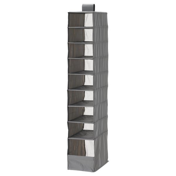 Unha unidade de almacenamento gris SKUBB con sete estantes. Feito de poliéster reciclado, colga verticalmente cun gancho, perfecto para a organización do armario.