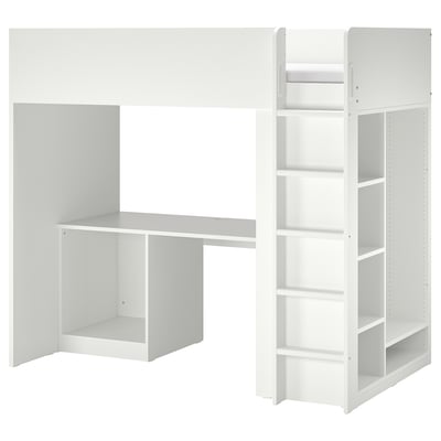 Cama branca SMÅSTAD con escritorio, estantes e almacenamento. Deseño moderno e minimalista para pequenos espazos.