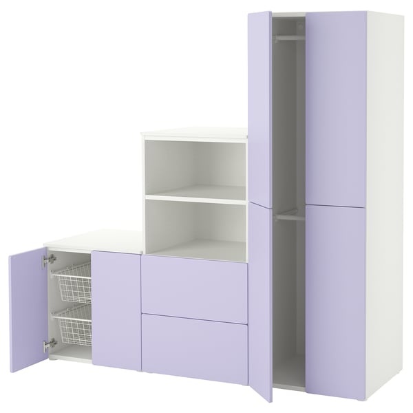 Armario infantil, interior púrpura claro, branco, portas de peche suave.