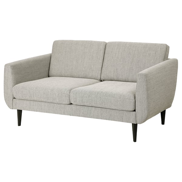 Sofá SMEDSTORP: gris, tecido, estilo de mediados do século, dous coxíns, patas de cono.