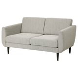 Sofá SMEDSTORP: gris, tecido, estilo de mediados do século, dous coxíns, patas de cono.