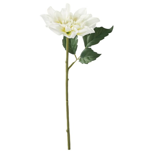 Flor branca de dahlia artificial con follas verdes nun talo longo, feita con plástico reciclado.