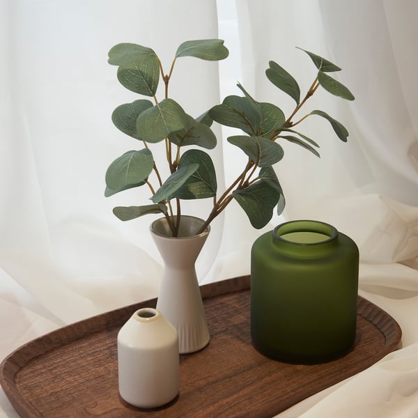 Bandexa de madeira con tres vasos: branco, gris, verde. Vaso medio con follaxe verde. Fondo branco.