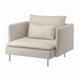 Unha moderna cadeira de brazos SÖDERHAMN beige cun asento e un respaldo suaves almofadados, sostido por pernas metálicas.