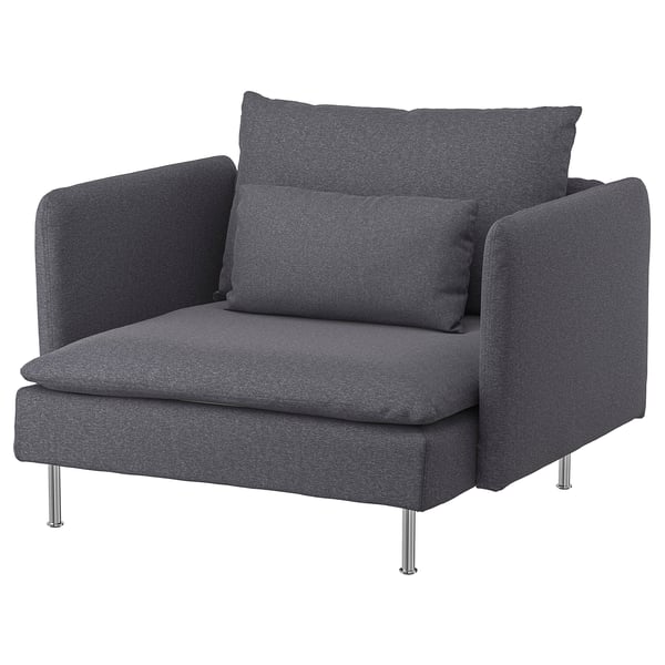 Unha cadeira de brazos gris SÖDERHAMN con coxíns, cun deseño moderno e pernas de aceiro inoxidable.