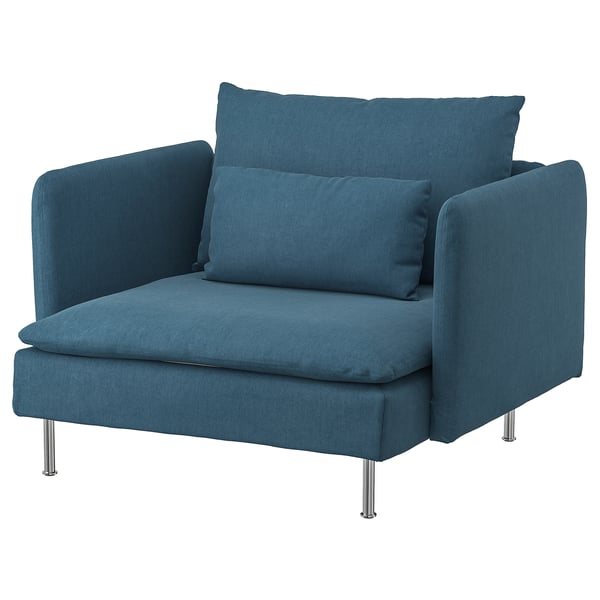 Cadeira azul elegante moderna, asento profundo, pernas cromates, deseño minimalista.