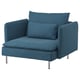 Cadeira azul elegante moderna, asento profundo, pernas cromates, deseño minimalista.