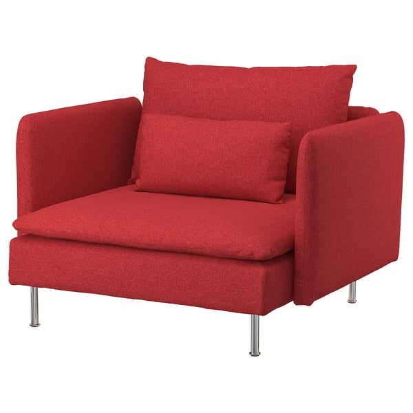 Cadeira de brazos vermella brillante, deseño moderno, forma angular, tecido suave, tres patas metálicas.