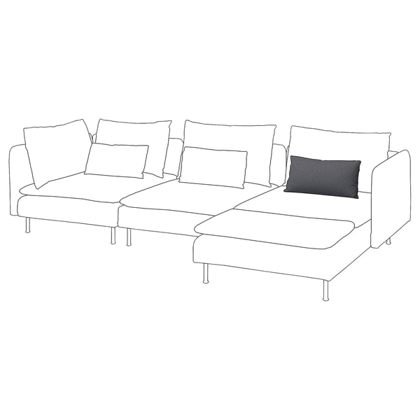 Sofá branco en forma de L SÖDERHAMN con almofada gris escuro, cun deseño minimalista e estilo moderno.