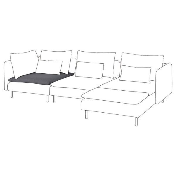 Sofá seccional negro SÖDERHAMN, moderna forma de L, tecido branco con coxíns gris escuros.