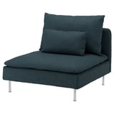 Unha cadeira SÖDERHAMN verde azul, moderna cun deseño estruturado pero suave, con pernas metálicas e dous coxíns correspondentes.