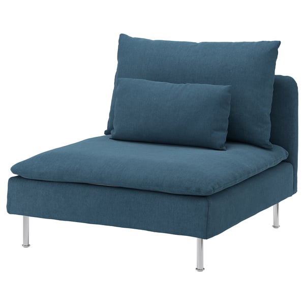 Cadeira moderna azul, elegantes pernas metálicas, dous coxíns.