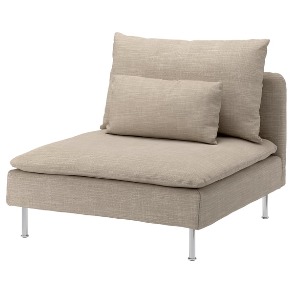 Cadeira SÖDERHAMN: moderna, beige, tecido, perfil baixo, pernas cromatas.