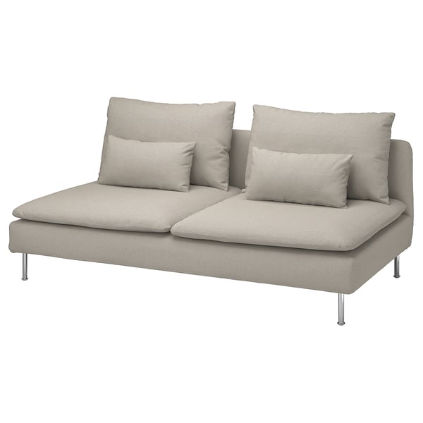 Sofá beige SÖDERHAMN, deseño moderno con coxíns de patróns ondulados, asentos profundos e pernas cromates.
