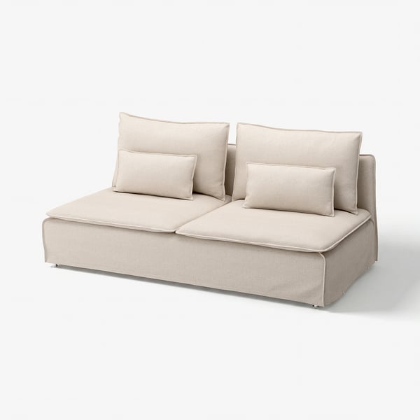 Sofá SÖDERHAMN beige con asentos profundos e coxíns de respaldo soltos. Deseño moderno e minimalista con pernas altas.