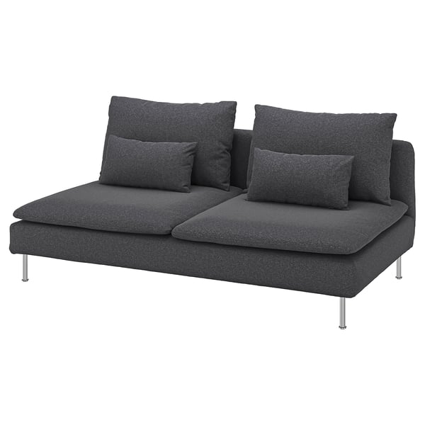 Sofá moderno SÖDERHAMN gris escuro con elegantes pernas metálicas, coxíns de peluche e deseño minimalista.