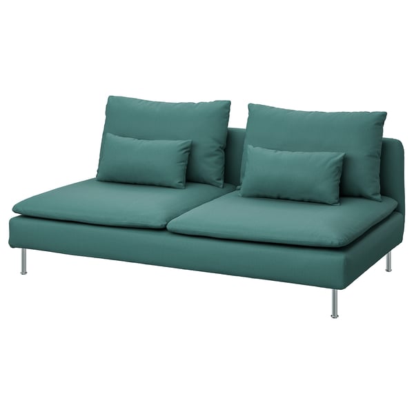 Sofá SÖDERHAMN de 3 prazas de verde azul, moderno, con catro coxíns, patas metálicas elevadas.