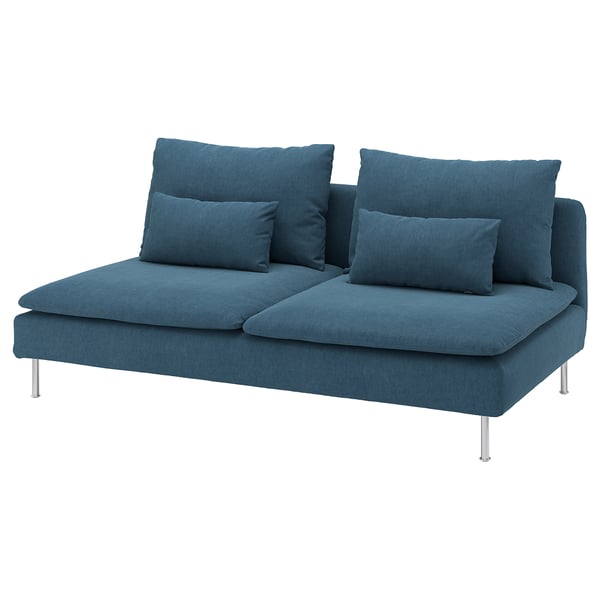 Sofá azul SÖDERHAMN; asentos modernos, de perfil baixo, profundos con coxíns soltos.