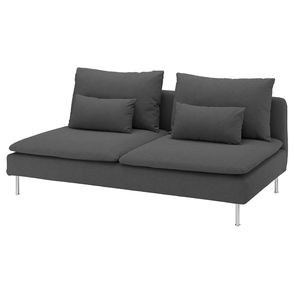 Sofá seccional gris moderno SÖDERHAMN con asentos profundos, almofadas cadradas e patas metálicas.