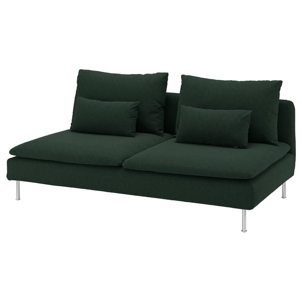Sofá SÖDERHAMN verde escuro, deseño moderno con patas metálicas, asentos profundos e coxíns de peluche.